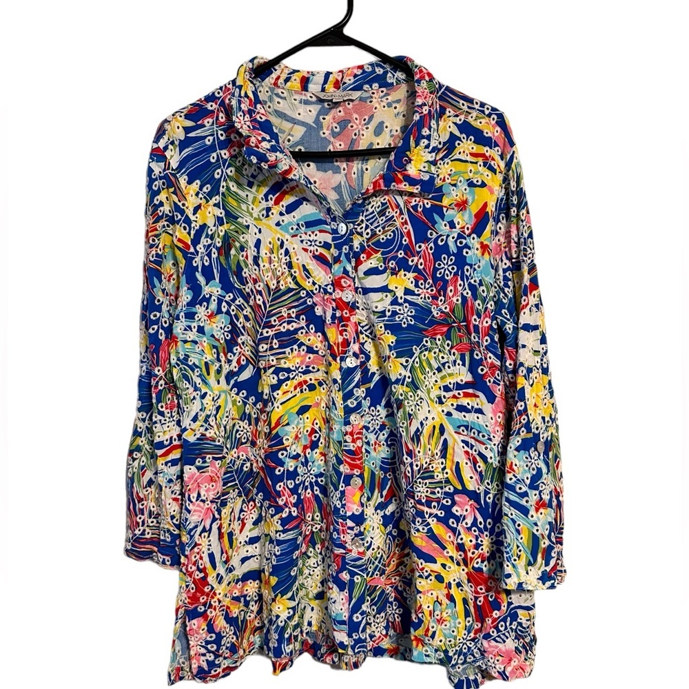 JOHN MARK Floral Tropical Embroidered Eyelet Button Tunic Top Artsy 0063 size XL